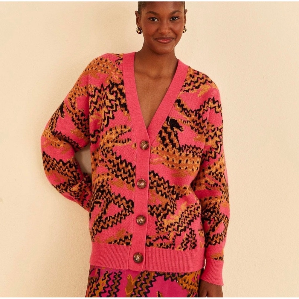 FARM Croco Knit Pink Abstract Animal V-Neck Oversized Cardigan Sweater Medium
